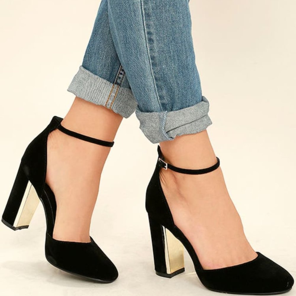 Lulu's Laura Black Velvet Ankle Strap Heels